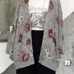 JEANASIS 5G フラワーラメフェザー Vカーディガン グレー