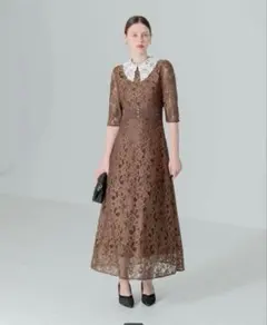 Leja（レジャ）レースビッグカラー花柄刺繍ウエストマークロングフレアドレス　M