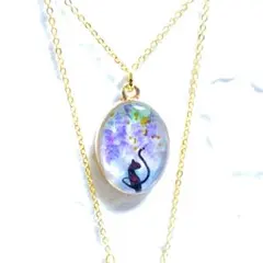 勿忘草/藤の花と黒猫のネックレス