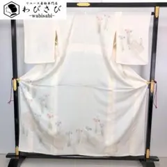 紗合せ 付下げ 手描き 菖蒲の花模様 金糸 乳白色 K-4446