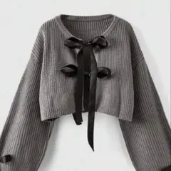 リボン付きグレークロップドニット　韓国 shein 春　ガーリー