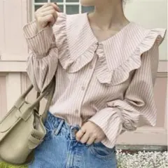 NICE CLAUP ビックカラーアソートブラウス　ストライプ　F リボン紐