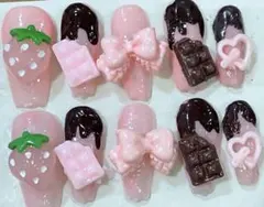 [バレンタインネイル] ロングバレリーナ　いちご　リボン　チョコレート　ハート