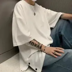 メンズサイドボタン半袖Tシャツ　5XLサイズ 白ホワイト　オーバーサイズ