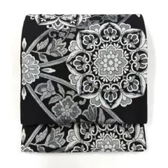 袋帯　西陣織　華紋　黒銀　お仕立て込み