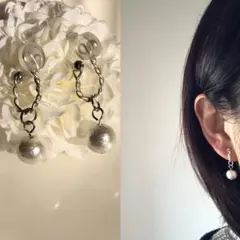 再販◆挟むだけで簡単◇一粒コットンパールのイヤリング◇イヤーカフ　両耳　シルバー