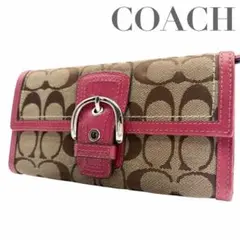 COACH コーチ 長財布 シグネチャー ベージュ ピンク レザー レディース