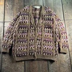 古着　総柄ニット　カーディガン　3Dニット　8090s XL相当　フェアアイル〜