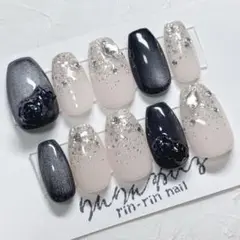 ブラックマグネット薔薇ワンホンニュアンスネイル 韓国 ちゅるん ラメ 入学式