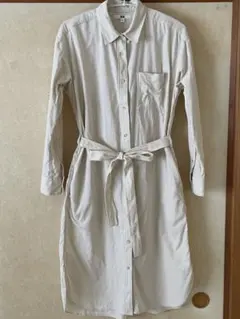 UNIQLO アイボリー シャツワンピース 長袖 ウエストベルト付き 春