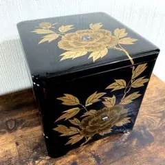 1970年代昭和レトロアンティーク素敵高級重箱三段金牡丹柄螺鈿細工小物入れ裁縫箱