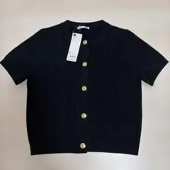 GU ケーブル編み 半袖ニットカーディガン M ネイビー