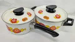 ２個セット ホーロー片手鍋 ＆ 両手鍋 花柄 昭和レトロ