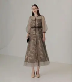 LEJA チュールパイピングリーフベルトAラインドレスワンピース