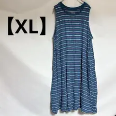 美品✨ 【XL】ストライプ ノースリーブワンピース ポケット付 ブルー 夏