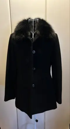 ブルーフォックスファー付きアンゴラ、ウール混ハーフコート黒ブラックサイズ11AR