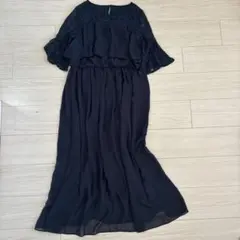 パーティードレスロングワンピースネイビーL肩周りレースシンプル落ち着き5分丈袖
