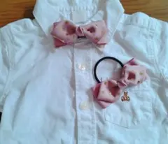 ママとお揃い♡ダスティーピンク×ゴールドドットのキッズ蝶ネクタイ&ヘアゴム❁