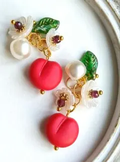 9496 りんご チェコ 鈴丸 パール アクリルフラワー ガーネット パーツ