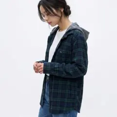 【エアロポステール】フード付きネルシャツ チェック柄 グリーン×ネイビー XLのサムネイル