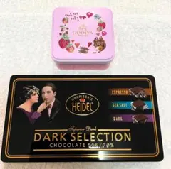【HEIDEL】 ハイデルダークチョコレート空き缶とピンクGODIVA