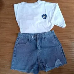 デニム ショートパンツTシャツ セット ダメージジーンズ  カジュアル　かわいい