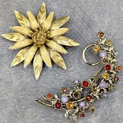 【Sphinx・MONET刻印あり】ヴィンテージブローチ2点セット 花 三日月風