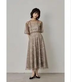 【新品】niana L チュールスパンコール刺繍レースドレス モカ