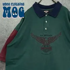 《US製90s古着》ハーレーダビッドソン ポロシャツ ロゴ刺繍 グリーン 3XLのサムネイル