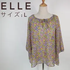 ☆極美品☆ELLE 花柄リボン付き五分袖ブラウス Lサイズ