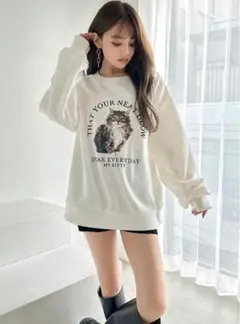 猫プリント ホワイト スウェット