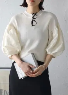 新品／BONJOUR SAGAN ／異素材パフスリーブニットトップス／ホワイト