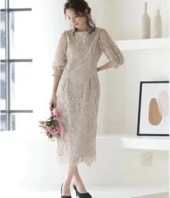 【未使用】ランタンスリーブ刺繍レースドレス
