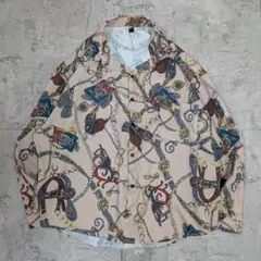 vintage 総柄ポリシャツ 長袖シャツ チェーン柄 古着 レトロ 個性的のサムネイル