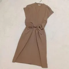 【美品】a.v.v 洗えるフレンチスリーブワンピース S モカベージュ リボン付