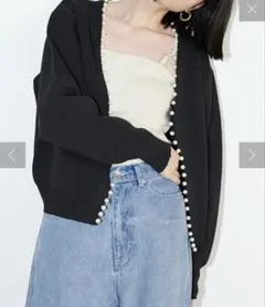 ブラック カーディガン LARUTA BIGパールトリムポリニットカーディガン