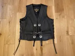 HARLEY DAVIDSON ファイヤーパターン 刺繍 ニット切替レザーベスト 