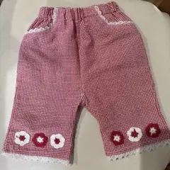赤と白のチェック柄パンツ 80サイズ お花刺繍　女の子