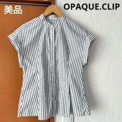 美品 オペークドットクリップ M シャツ 半袖ブラウス ストライプ バンドカラーのサムネイル