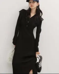 最終値下げ◯LILY BROWN シフォンドッキング　ニットワンピース