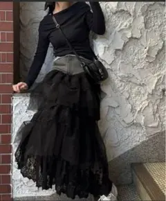 WILLFULLY denim yoke lace tiered SKのサムネイル