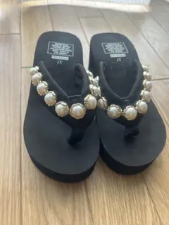 ブラック パール装飾 ウェッジサンダル 37