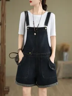 デニム サロペット オーバーオール 五分丈 ゆったり オシャレ 大きいサイズ