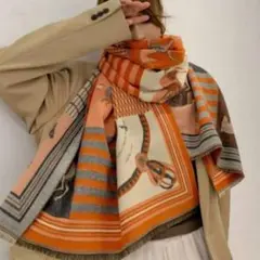 大判ストール 馬柄 オレンジ ブランケット カシミア 膝掛け 防寒 マフラー