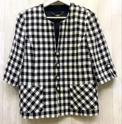 Leilian レリアン リネンシルク ツイード 七部袖 ノーカラージャケット