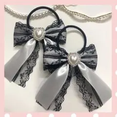 ♡ ヘアゴム  リボン　量産型　ハンドメイド　♡ レースパールハートツイン