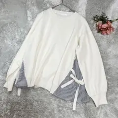 ストライプ切り替えフレアプルオーバー【DRESKIP】コットン混ニット