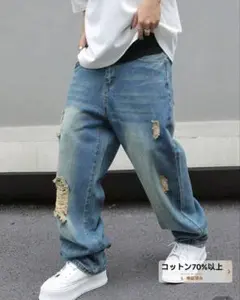 ダメージ加工 ライトブルー デニムパンツ