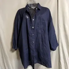 リネン　麻100 ネイビー ボタンアップシャツ 七分袖　CLOSSHI
