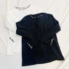 リブ編み長袖Tシャツ メロウフリル付き ホワイト/ブラック 2着まとめ売り